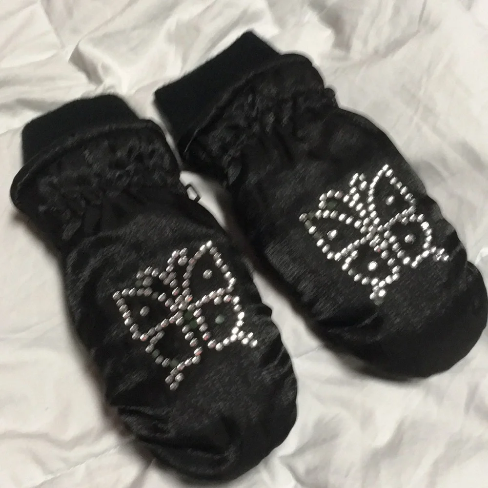 Gloves Mittens Girls size Small black gem butterflies EUC